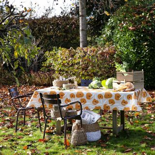 Orange-white-cheerful-oilcloth with flowers